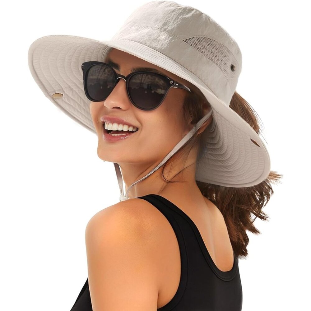 Womens Sun Hat with Ponytail Hole Beach Hiking Summer Wide Brim UPF 80+ Outdoor